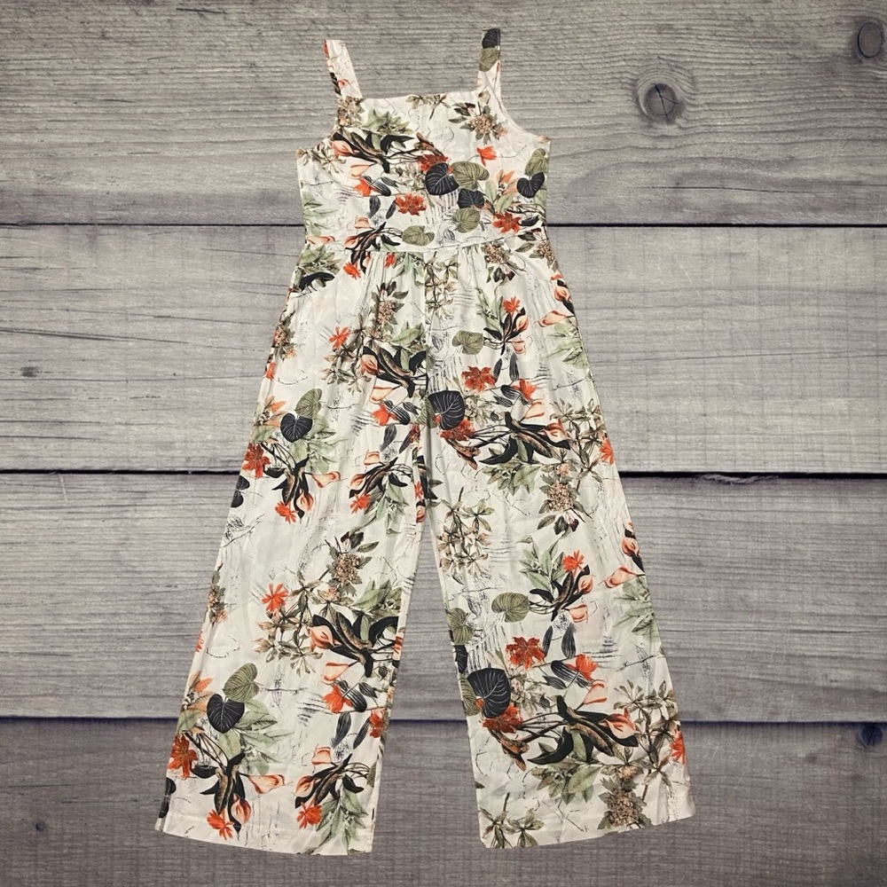 Tropical Women’s Overalls Hawaiian Floral Printed Retro Hippie Overalls Cream